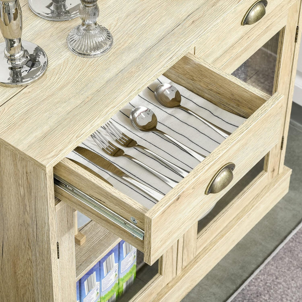 Rustic Oak Sideboard Storage Cabinet with 2 Glass Doors and 2 Drawers K530