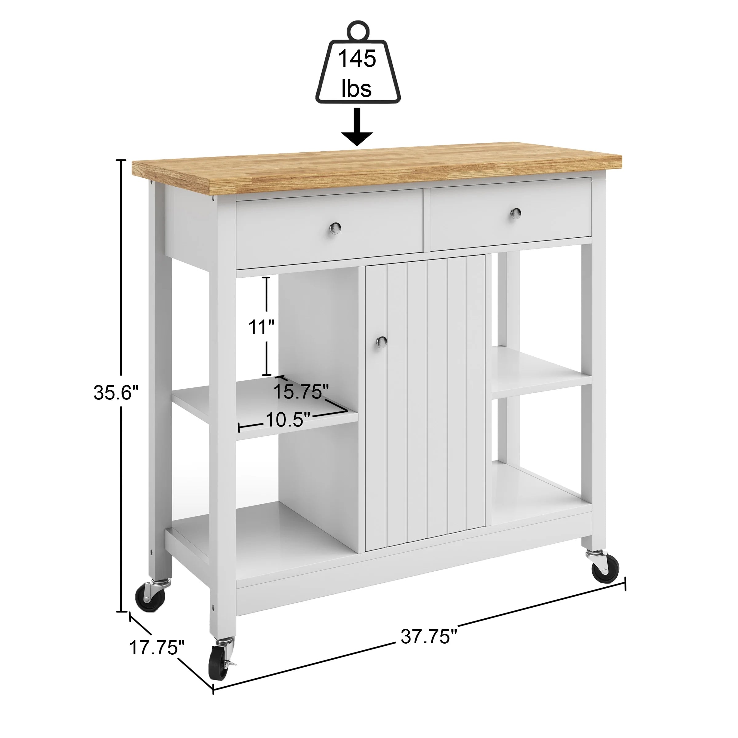 White 35-inch Kitchen Island Rolling Cart with Drawers and Casters F882