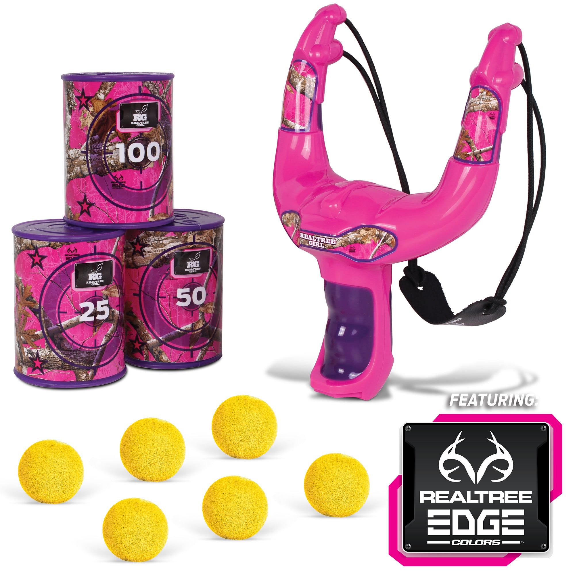 Pink Toy Slingshot Set with 6 Foam Balls & 3 Can Targets J702