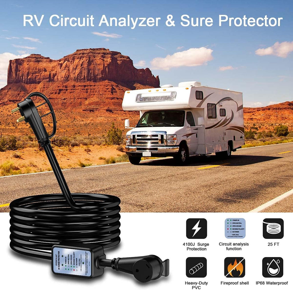 30 amp RV Extension Cord 25 FT Waterproof Surge Protector with Circuit Analyzer LED Indicator Light Y86070