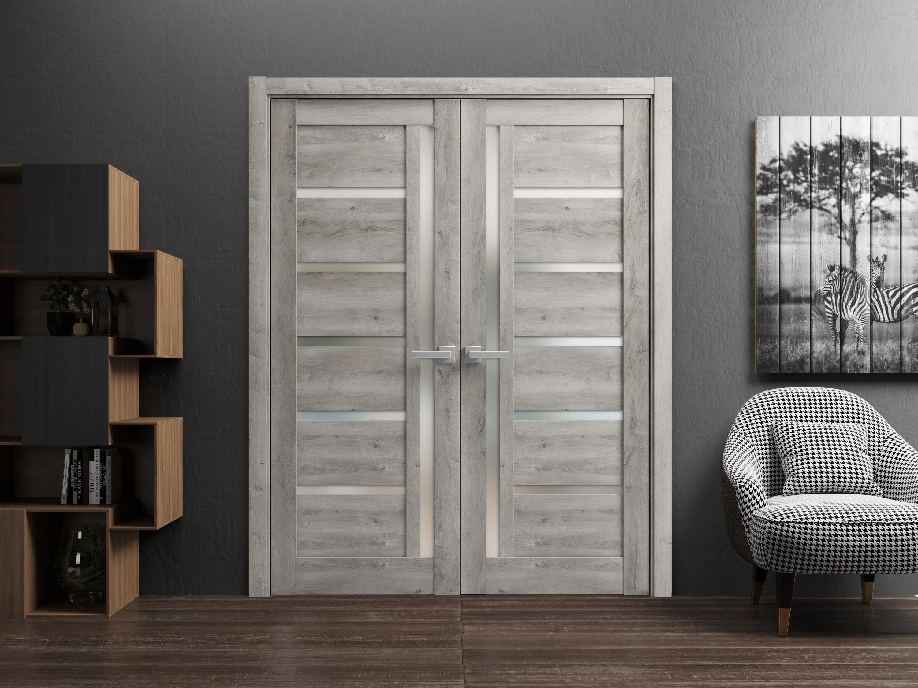 Solid French Double Doors 64 x 96 inches with Frosted Glass R12262