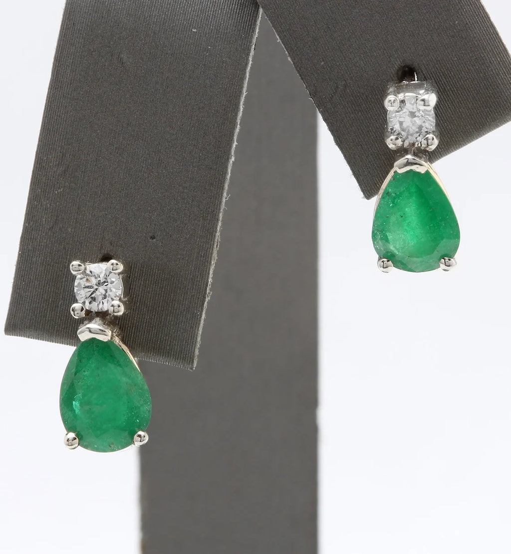 14K Solid White Gold Stud Earrings with Natural Emerald and Diamond E916603
