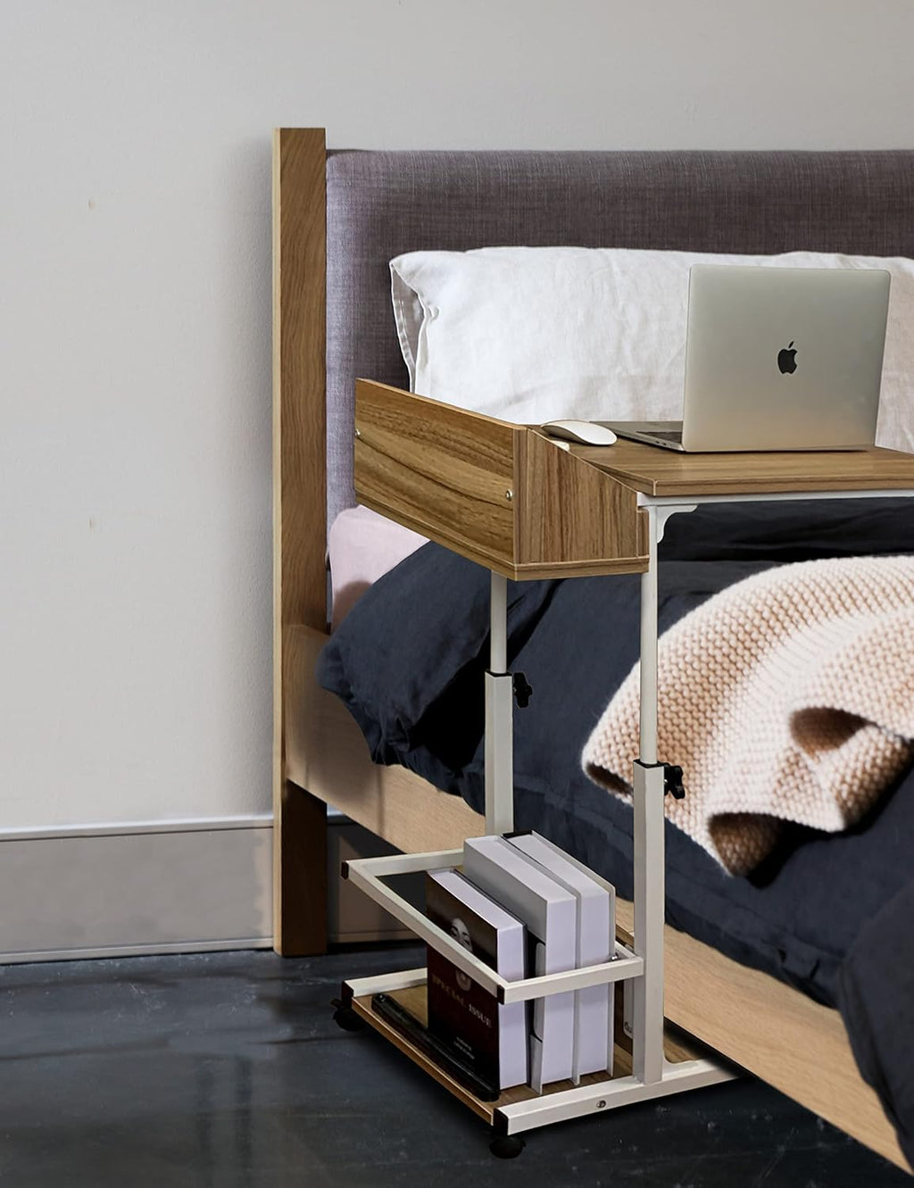 C Shaped End Table with Rolling Wheels, Height Adjustable Side Table with Storage Box T177