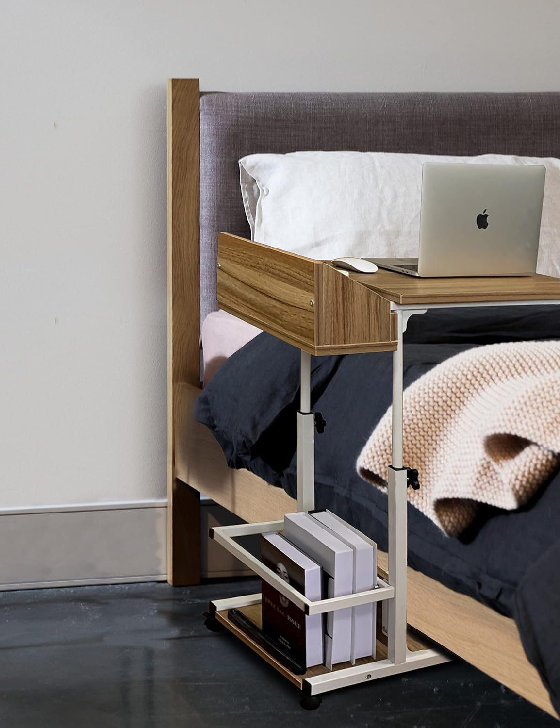 C Shaped End Table with Rolling Wheels, Height Adjustable Side Table with Storage Box T177