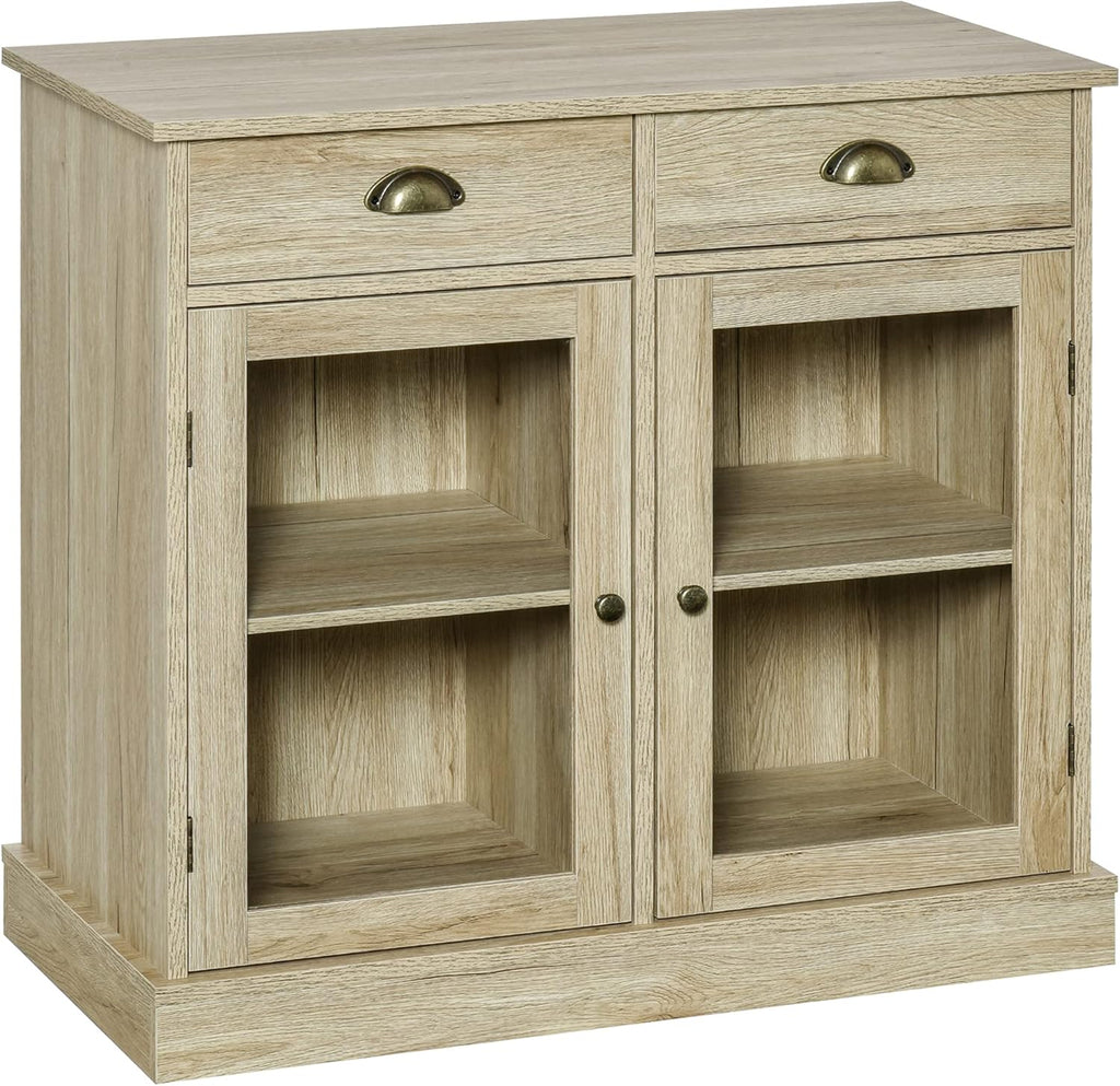 Rustic Oak Sideboard Storage Cabinet with 2 Glass Doors and 2 Drawers K530