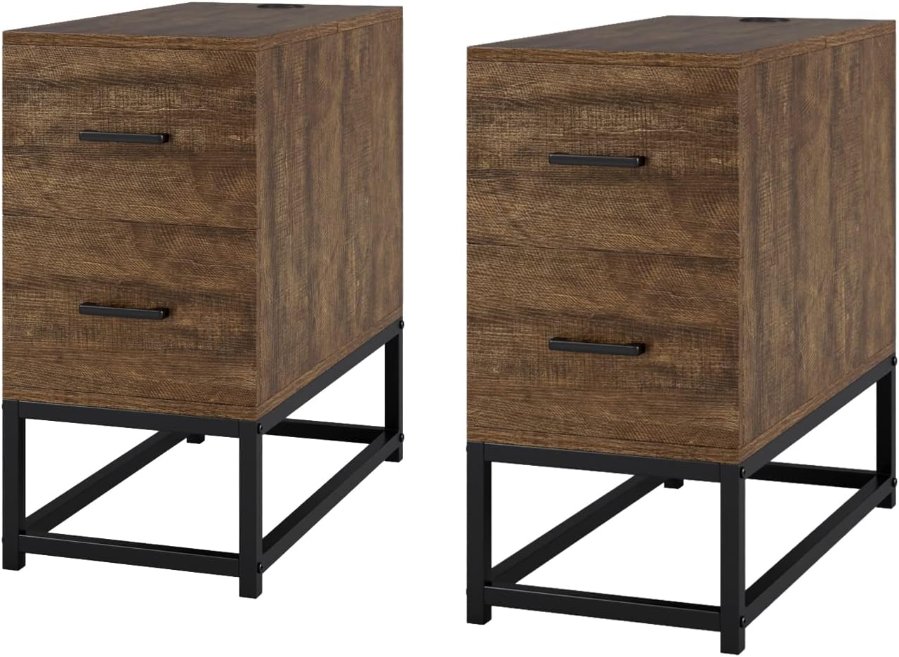 Walnut Brown Narrow End Table with Drawers, Pack of 2 I1831