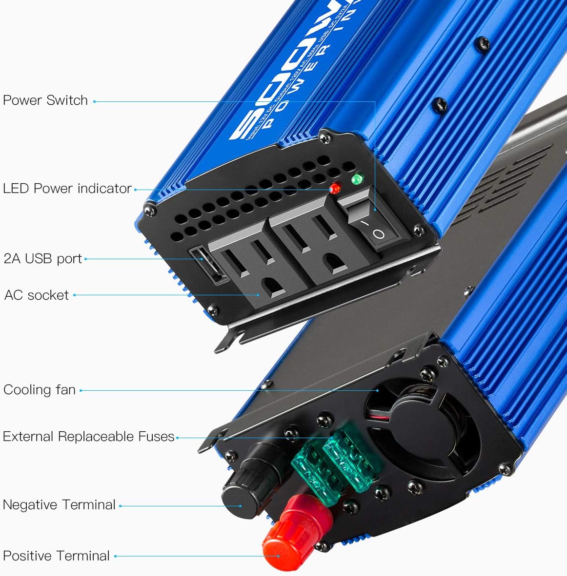 Pure Sine Wave Inverter 1000W DC 12V to AC 110V Car Power Inverter with Dual AC Outlets & 2A USB Ports J70101