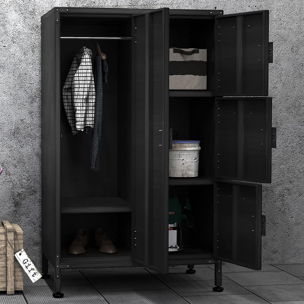 4 Door Black Steel Storage Cabinet with Vented Lockable Magnetic Doors J61118