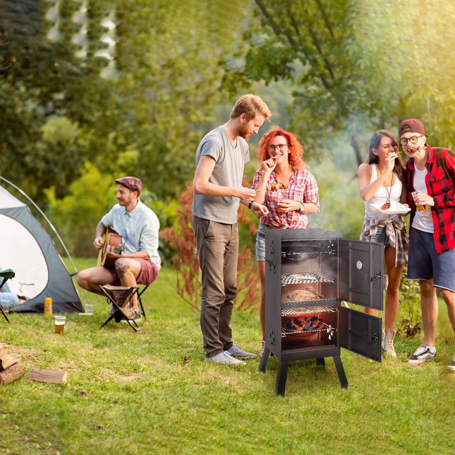 Black Square Charcoal Water Smoker and Grill with Thermometer A6185