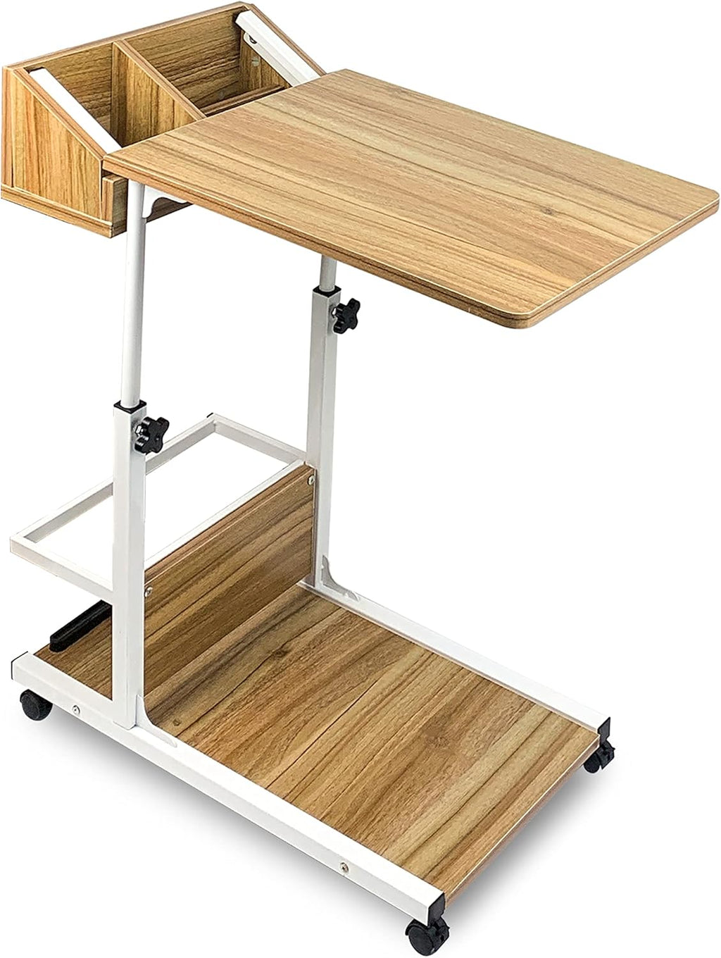 C Shaped End Table with Rolling Wheels, Height Adjustable Side Table with Storage Box T177