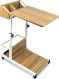 C Shaped End Table with Rolling Wheels, Height Adjustable Side Table with Storage Box T177