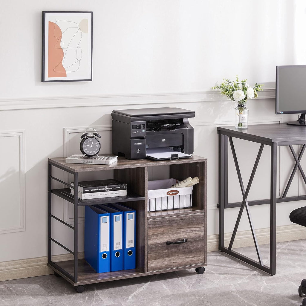 Retro Grey Rolling File Cabinet with Drawer and Open Storage Shelves R218163