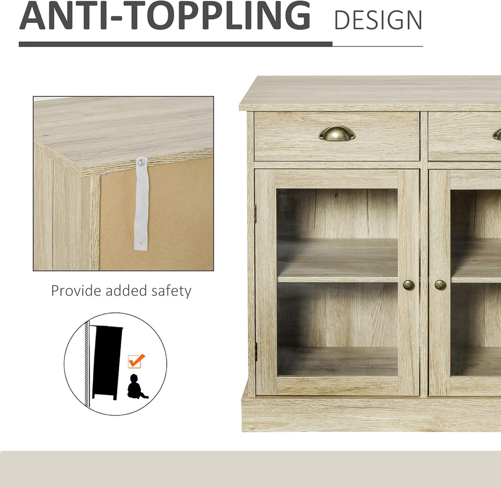 Rustic Oak Sideboard Storage Cabinet with 2 Glass Doors and 2 Drawers K530
