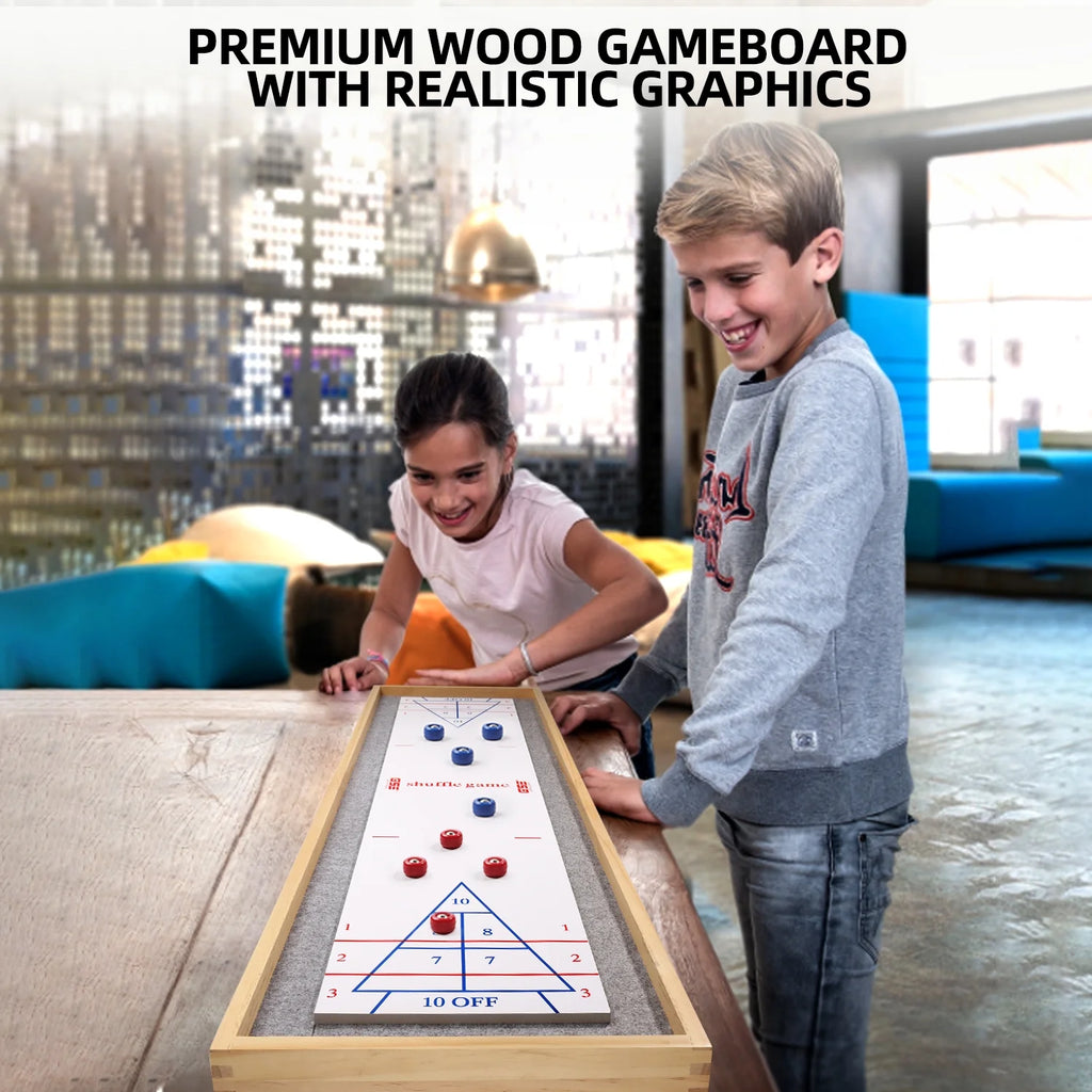 2-in-1 Solid Wood Mini Shuffleboard and Curling Tabletop Game Board Set with 8 Rollers E855