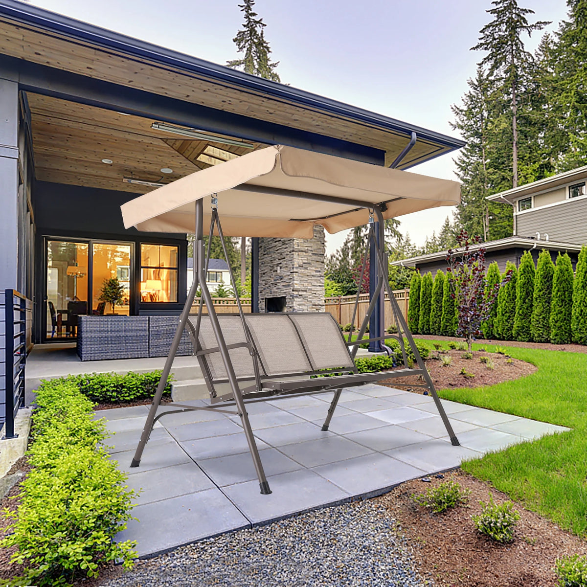 3 Person Outdoor Patio Swing with Canopy Metal Frame Textilene Seats U619