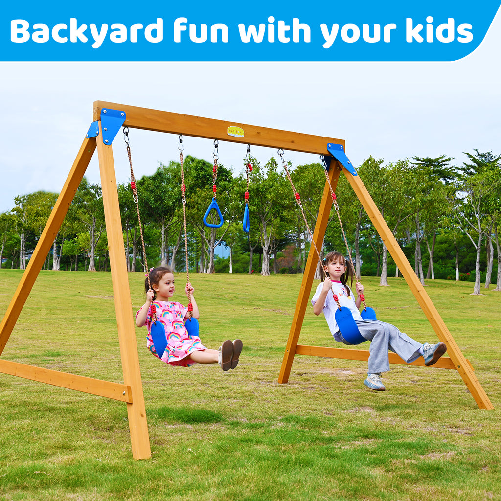 Kids Swing Sets with 2 Swings, Trapeze Swing Rings, Outdoor Playset L23672