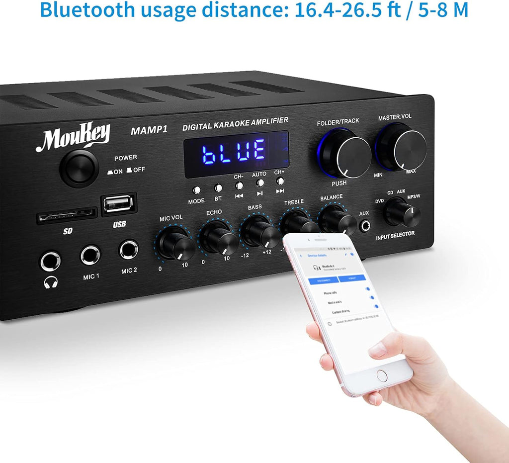 220W 2 Channel Bluetooth Power Amplifier with USB, SD, AUX, MIC, Echo, LED, RCA H77054