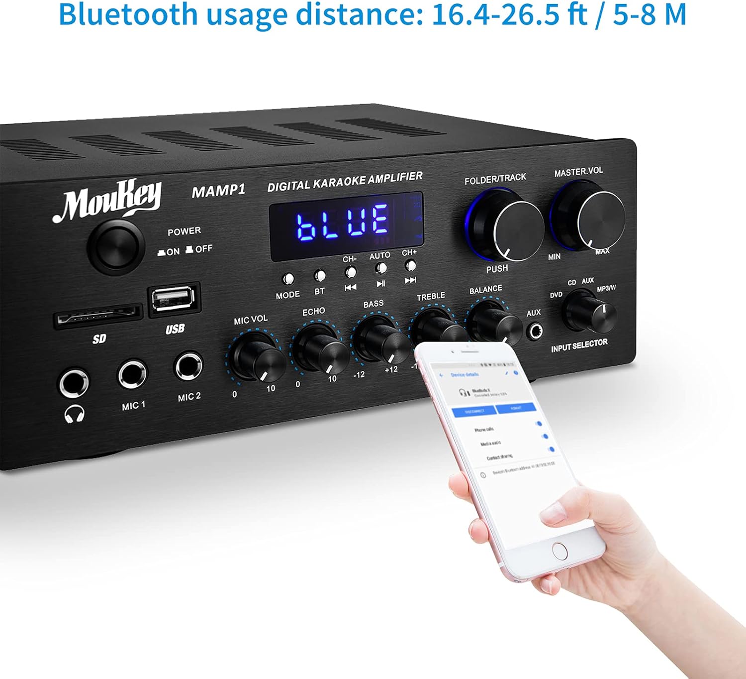 220W 2 Channel Bluetooth Power Amplifier with USB, SD, AUX, MIC, Echo, LED, RCA H77054
