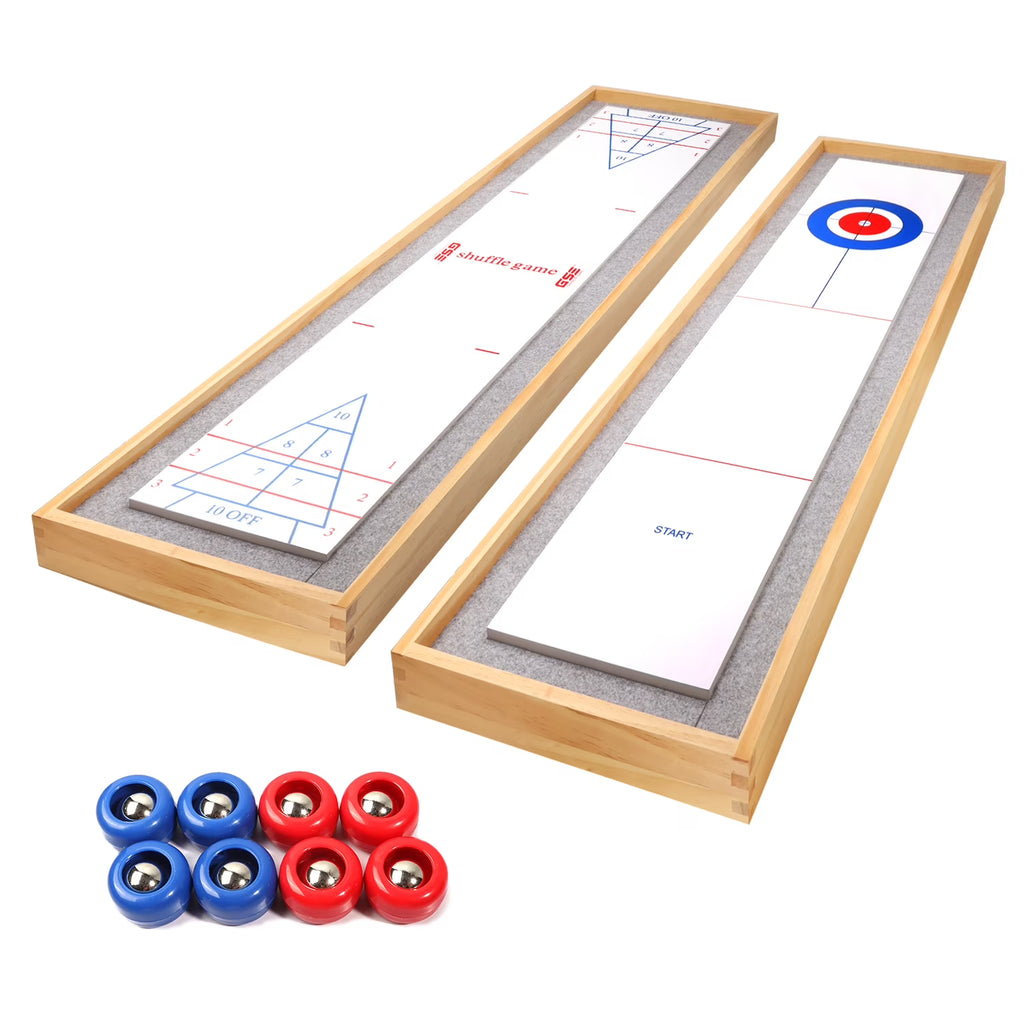 2-in-1 Solid Wood Mini Shuffleboard and Curling Tabletop Game Board Set with 8 Rollers E855