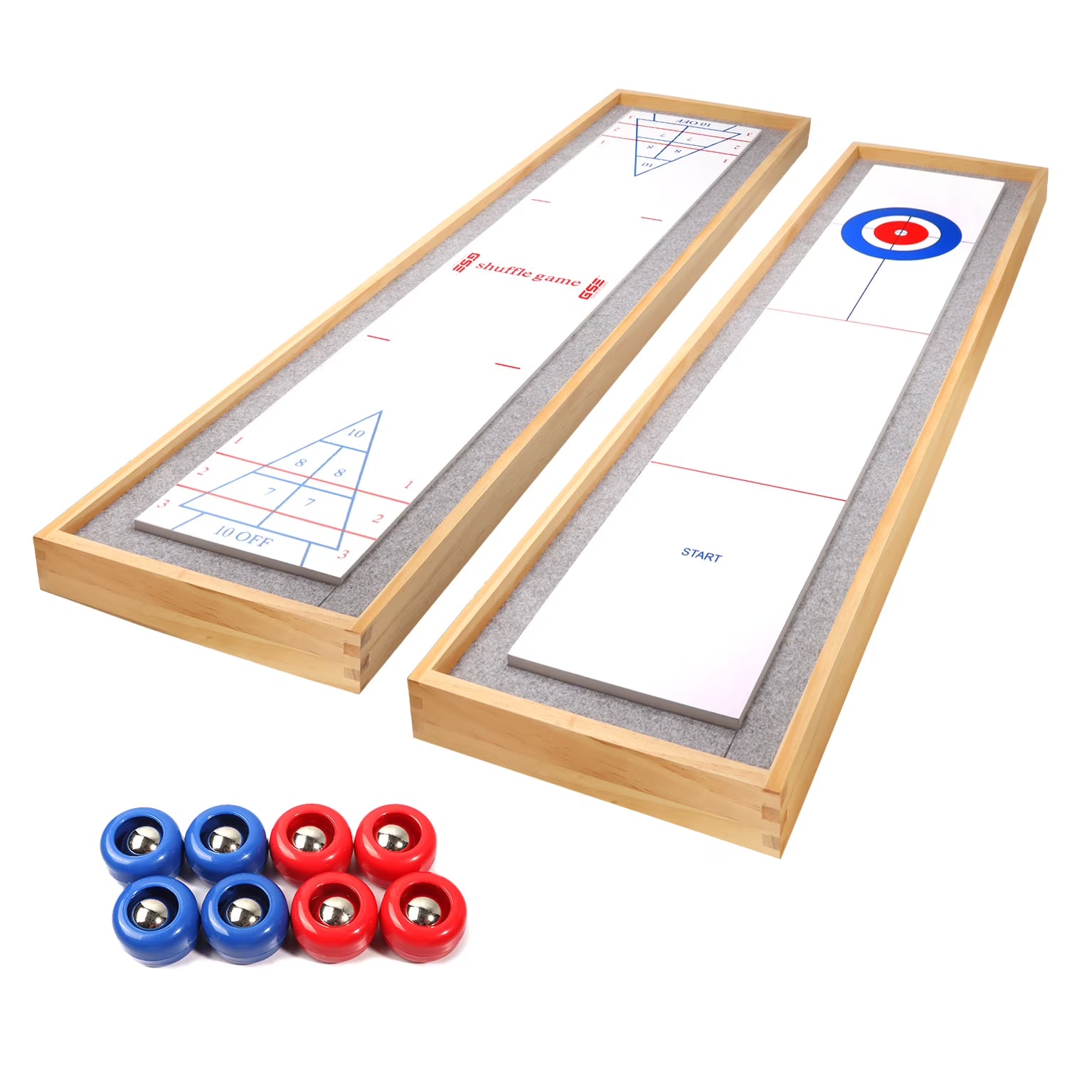 2-in-1 Solid Wood Mini Shuffleboard and Curling Tabletop Game Board Set with 8 Rollers E855