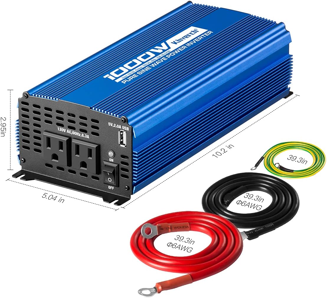 Pure Sine Wave Inverter 1000W DC 12V to AC 110V Car Power Inverter with Dual AC Outlets & 2A USB Ports J70101