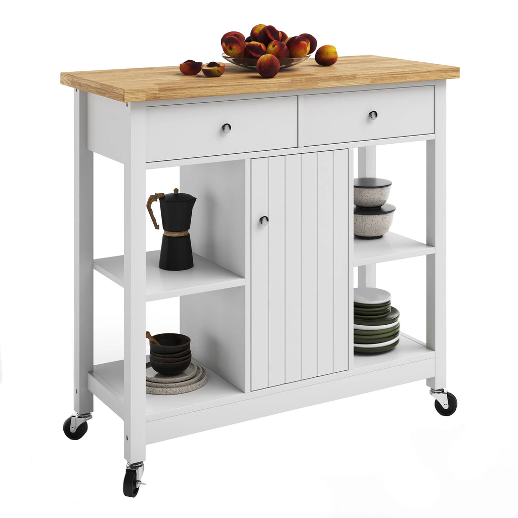 White 35-inch Kitchen Island Rolling Cart with Drawers and Casters F882