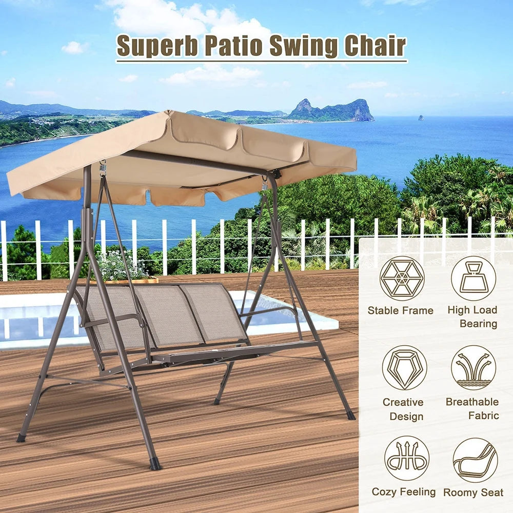 3 Person Outdoor Patio Swing with Canopy Metal Frame Textilene Seats U619