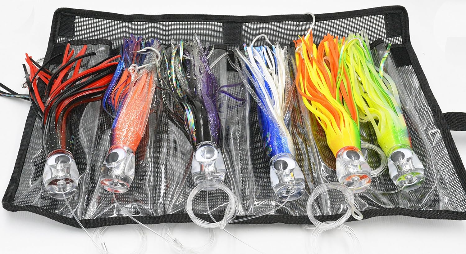 Fishing Lure Set of 6 Saltwater Skirted Lures with Black Bag W434941