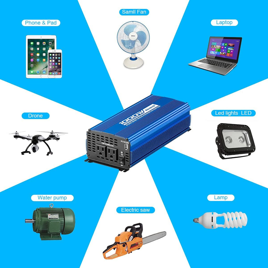 Pure Sine Wave Inverter 1000W DC 12V to AC 110V Car Power Inverter with Dual AC Outlets & 2A USB Ports J70101