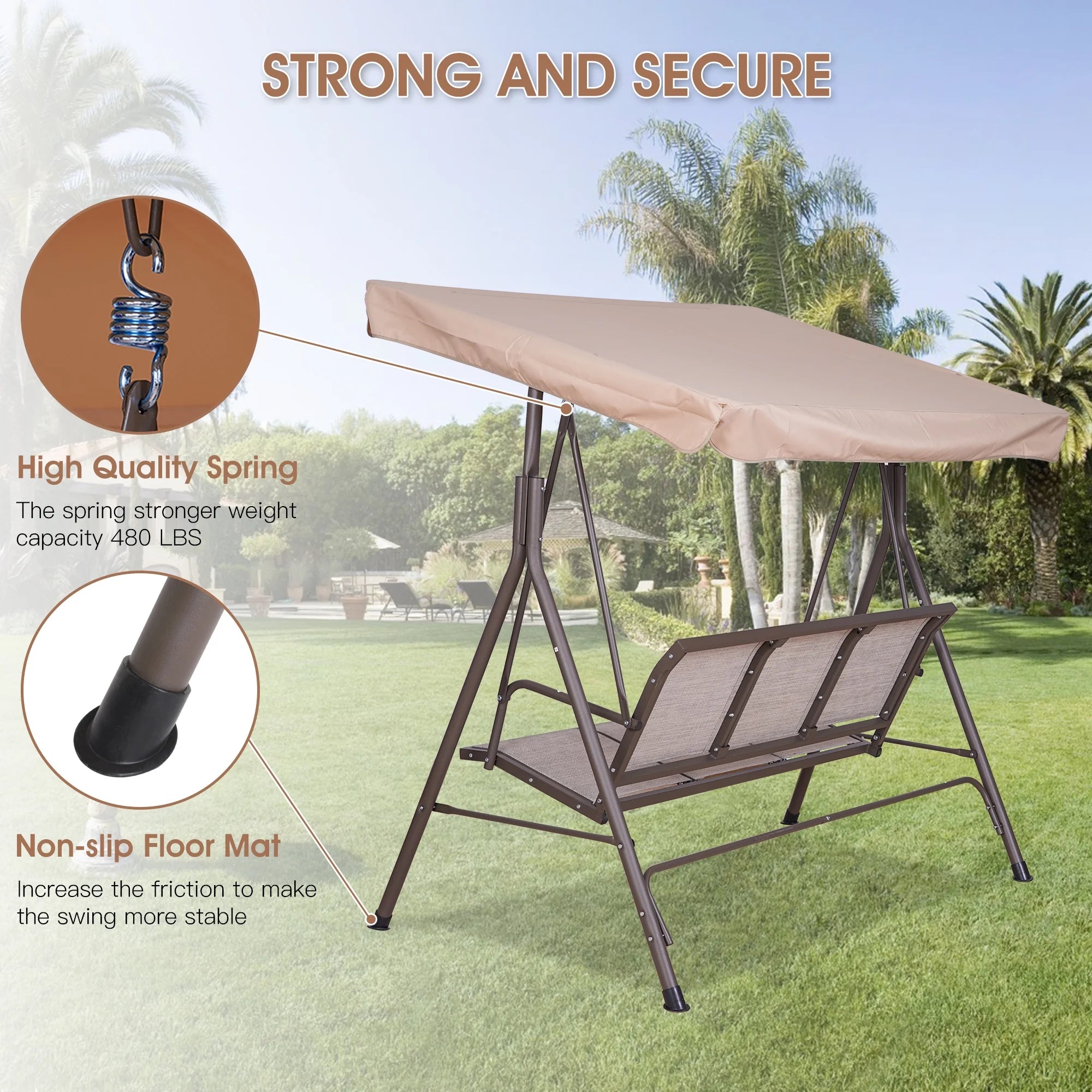 3 Person Outdoor Patio Swing with Canopy Metal Frame Textilene Seats U619