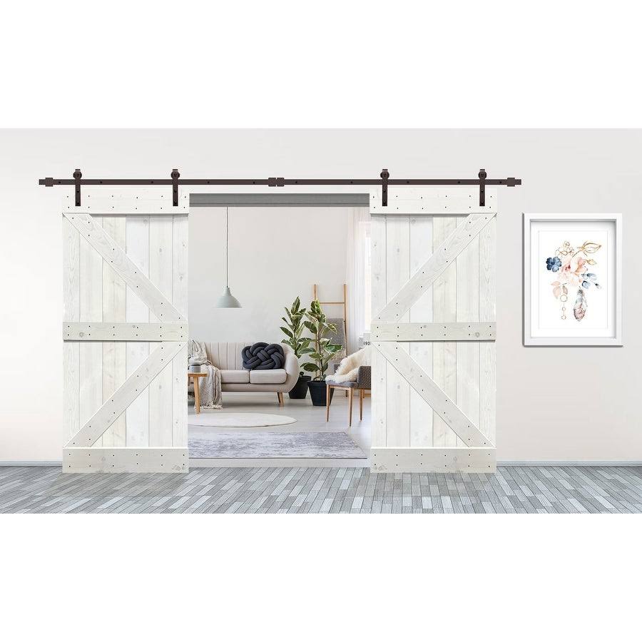 White Stained Solid Pine Wood Interior Double Sliding Barn Door with Hardware Kit X9798