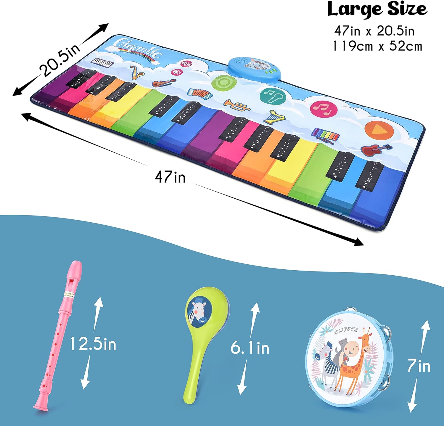 Floor Piano Mat – 24 Keys, 8 Inbuilt Sounds, with 2 Maracas, Tambourine, and Flute S10342