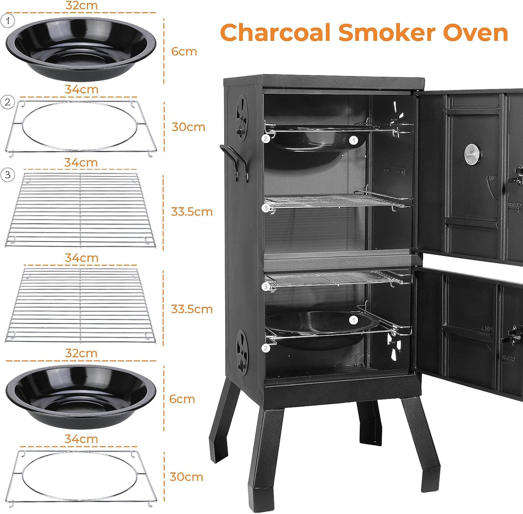 Black Square Charcoal Water Smoker and Grill with Thermometer A6185