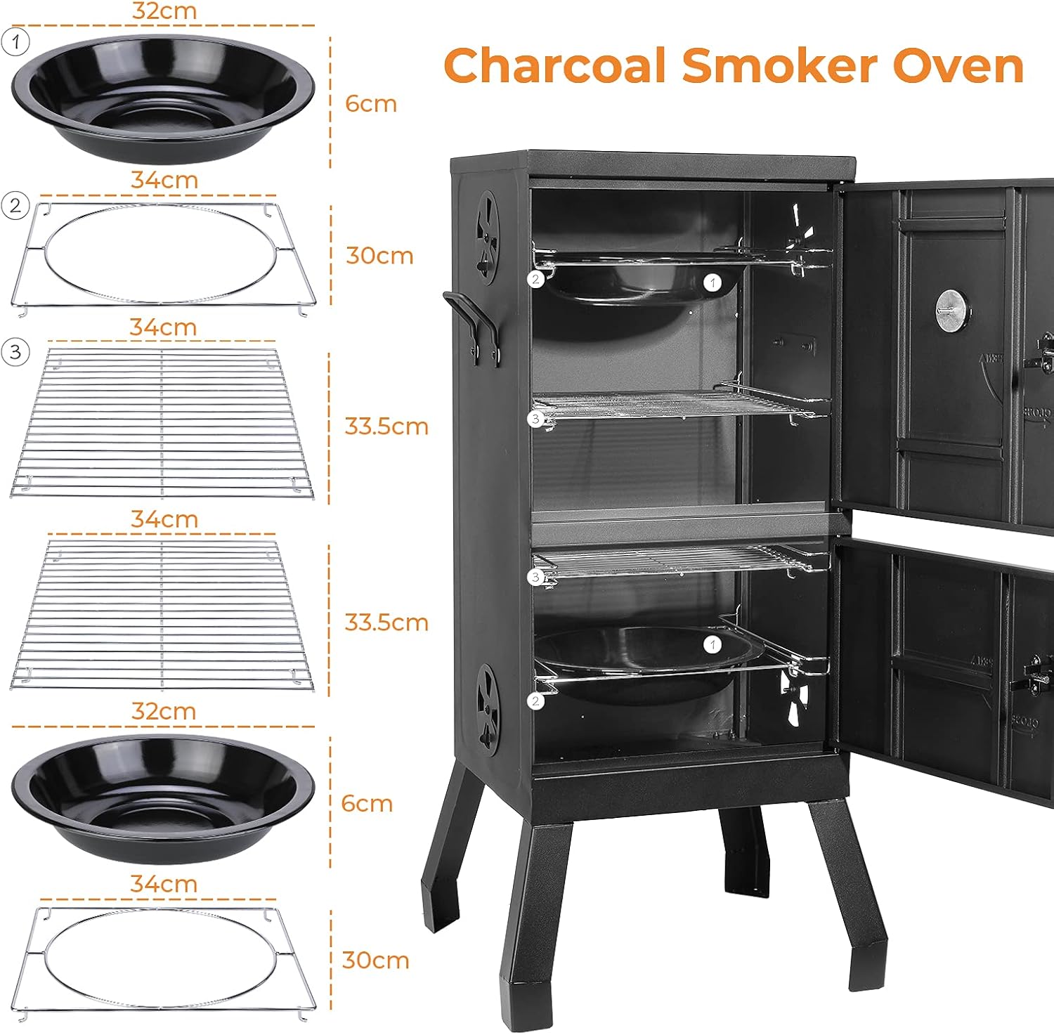 Black Square Charcoal Water Smoker and Grill with Thermometer A6185