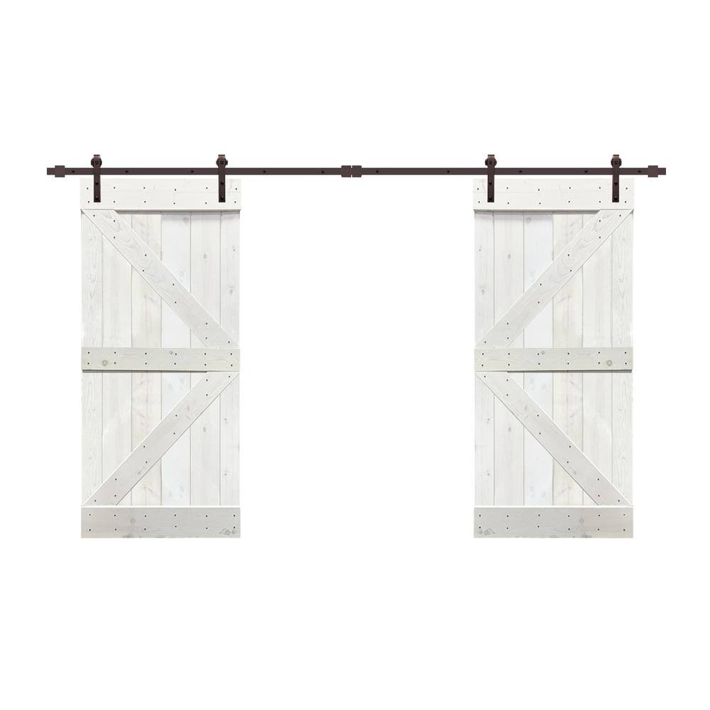 White Stained Solid Pine Wood Interior Double Sliding Barn Door with Hardware Kit X9798