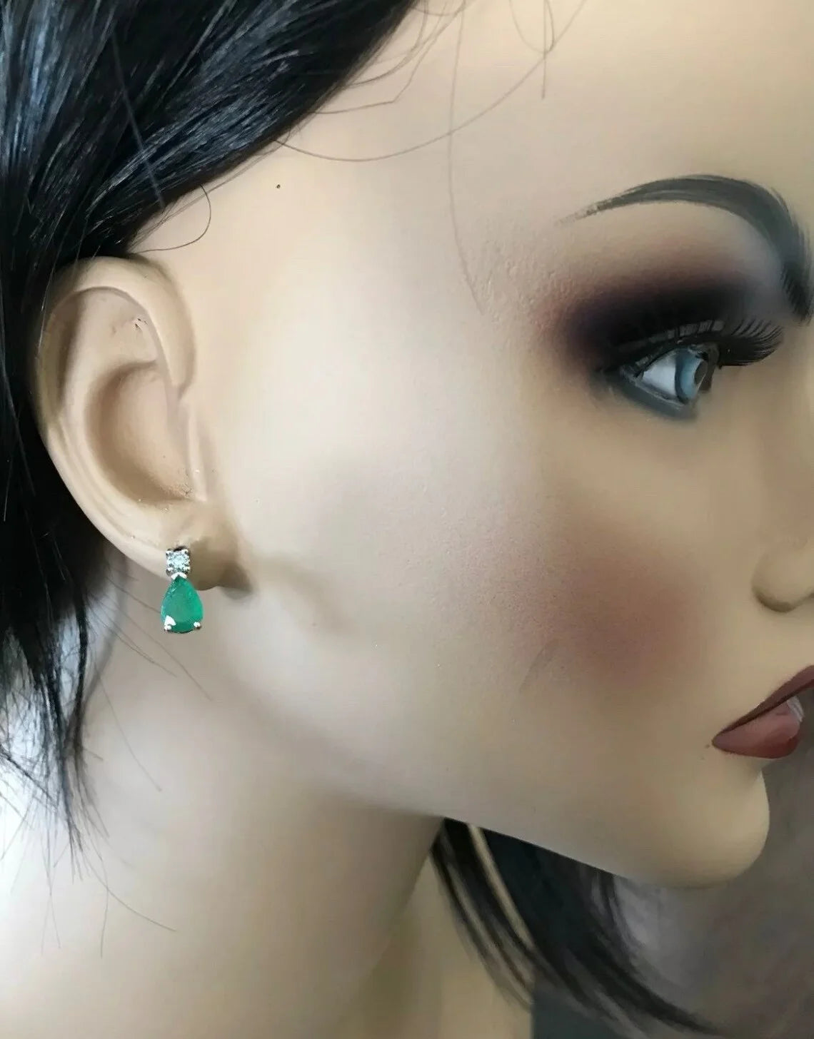 14K Solid White Gold Stud Earrings with Natural Emerald and Diamond E916603