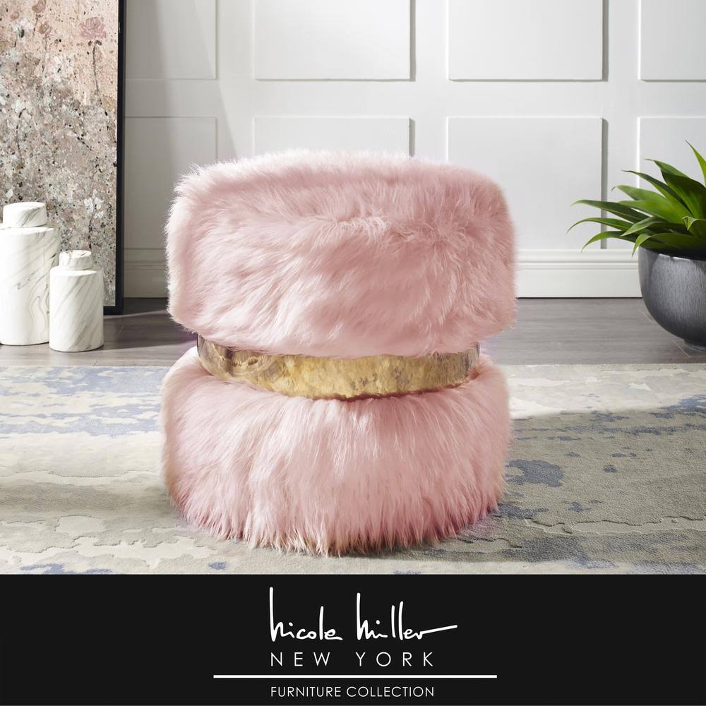 Blush/Gold Faux Fur Round Ottoman D282