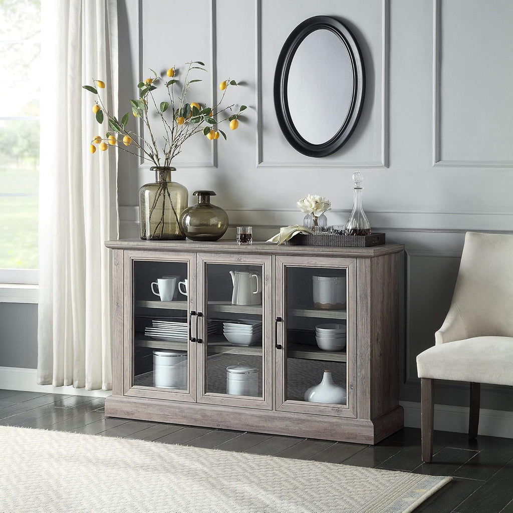 Rustic Grey Wood Sideboard Buffet with Storage Cabinet, Glass Doors, and Adjustable Shelves Z583