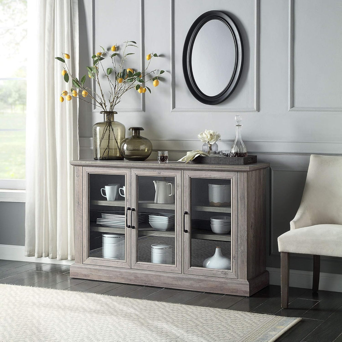 Rustic Grey Wood Sideboard Buffet with Storage Cabinet, Glass Doors, and Adjustable Shelves Z583