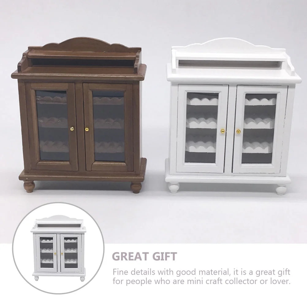 Miniature Wine Cabinet Kids Pretend Play Toy Doll House Decoration Walnut White Wood E24269