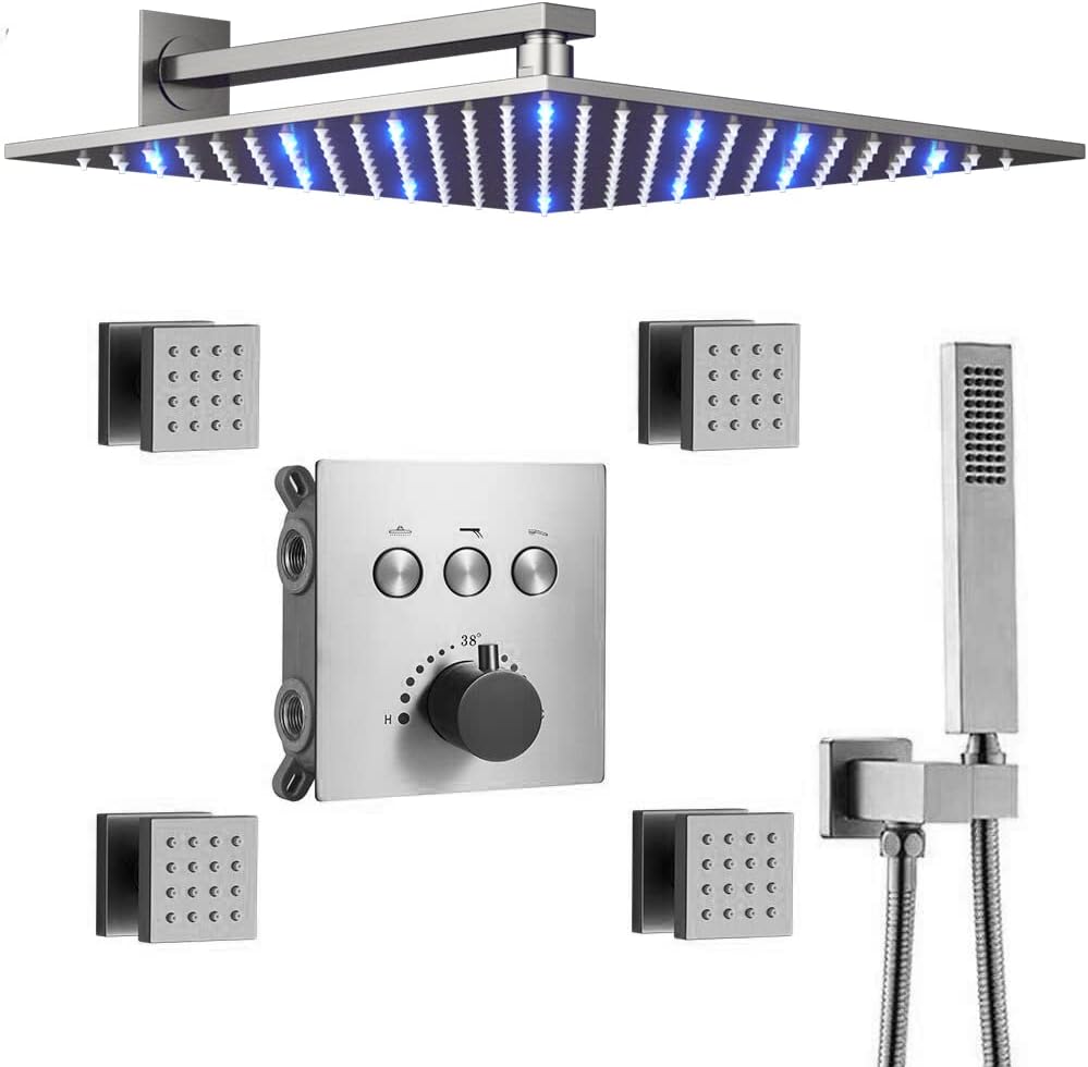 Black 12 Inch LED Rain Shower System With 4 PCS Body Sprays Handheld Shower Mixer Set G56397