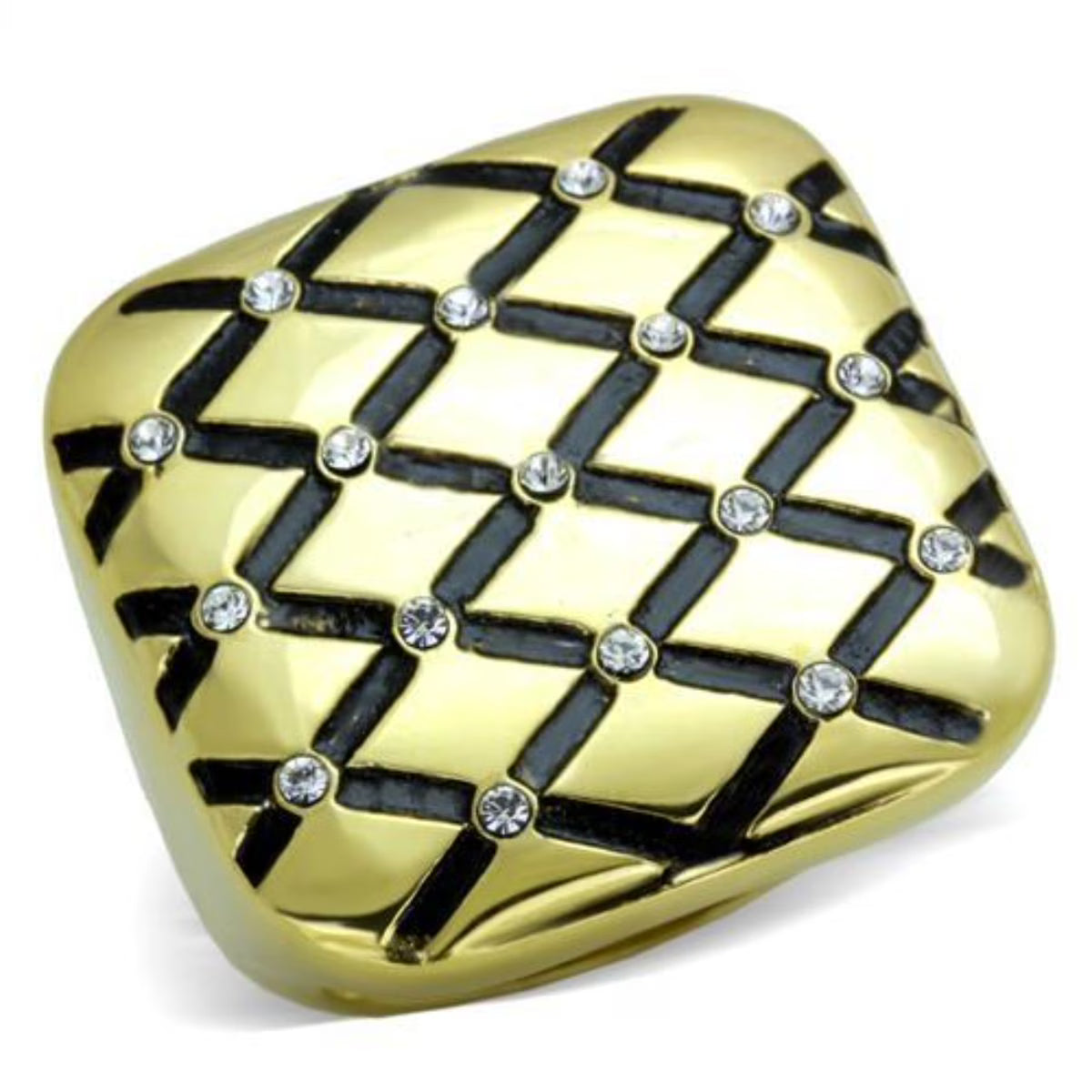 Gold IP Stainless Steel Diamond Checkered Ring with Clear Crystals S89383
