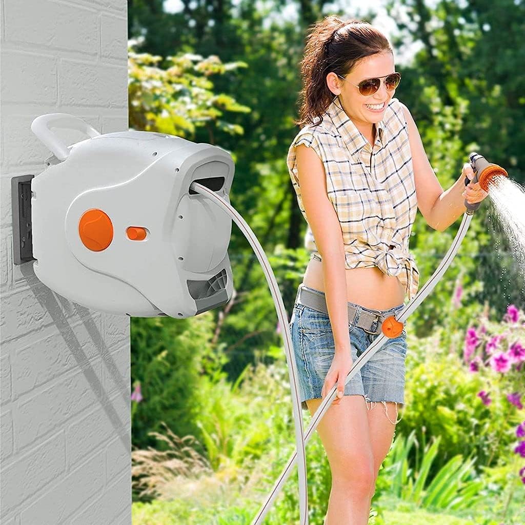 Wall Mount Retractable Garden Hose Reel, 82 FT 5/8 Inch, 8 Patterns Nozzles, Brass Connector Z886