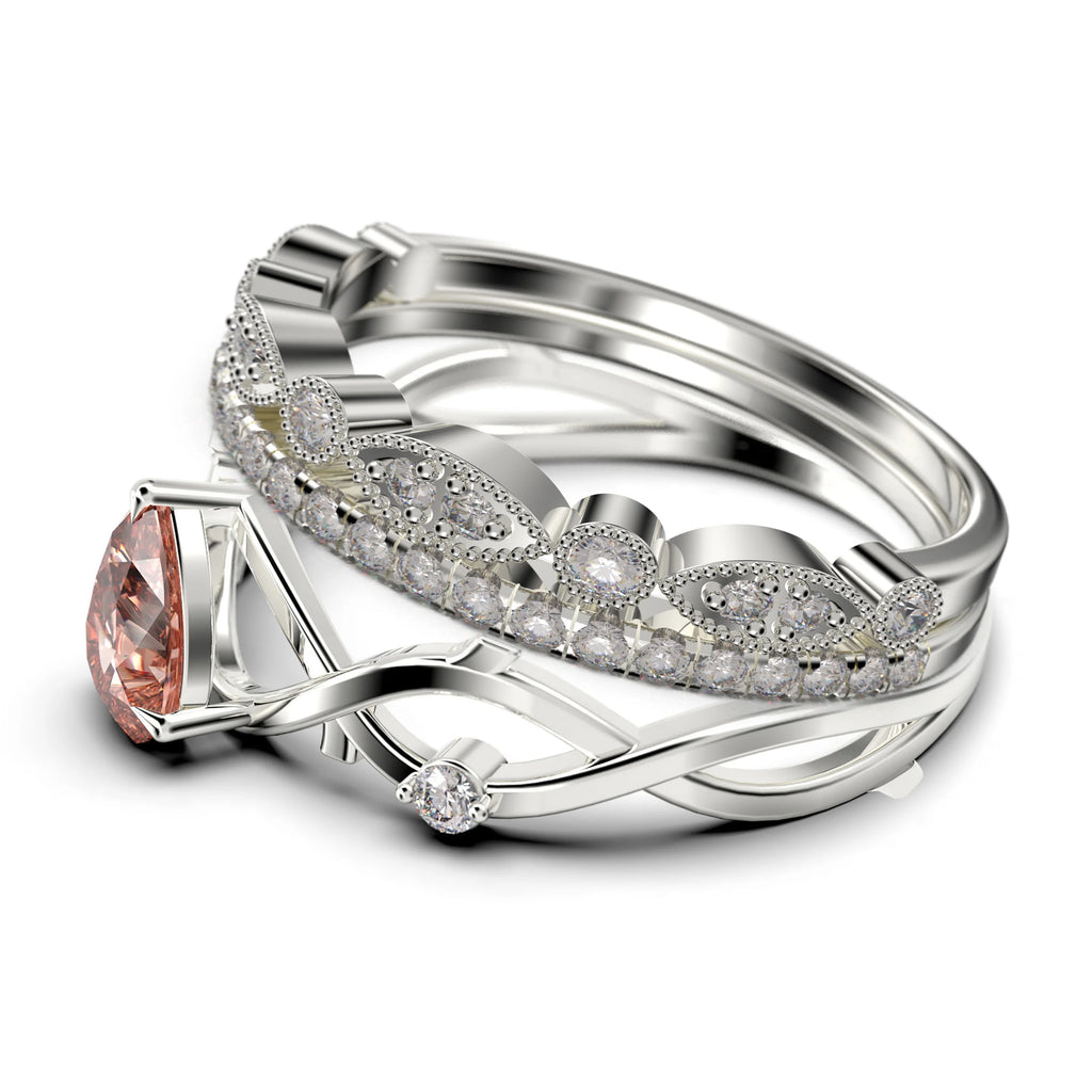 2.10 Carat Pear Cut Morganite And Diamond Moissanite Engagement Ring in 925 Sterling Silver With 18k White Gold Plating, Trio Ring Set U414