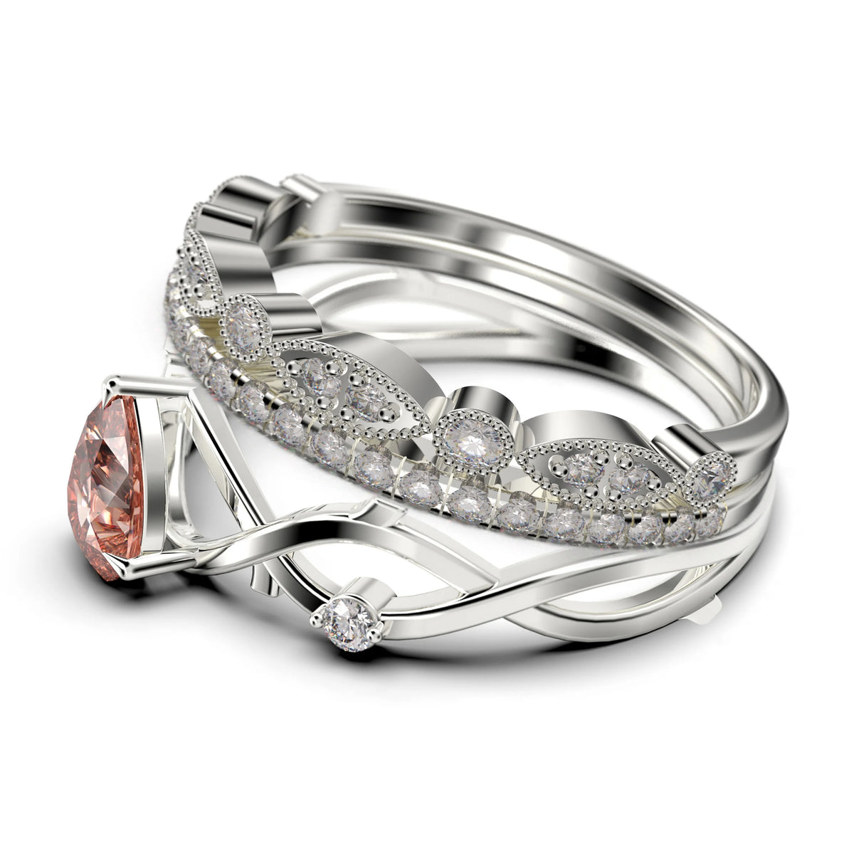 2.10 Carat Pear Cut Morganite And Diamond Moissanite Engagement Ring in 925 Sterling Silver With 18k White Gold Plating, Trio Ring Set U414