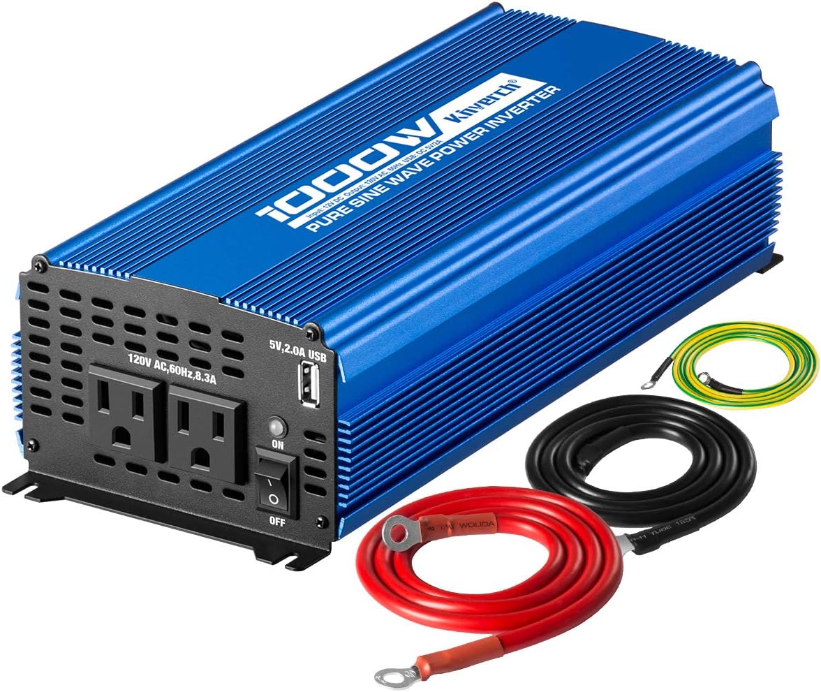 Pure Sine Wave Inverter 1000W DC 12V to AC 110V Car Power Inverter with Dual AC Outlets & 2A USB Ports J70101