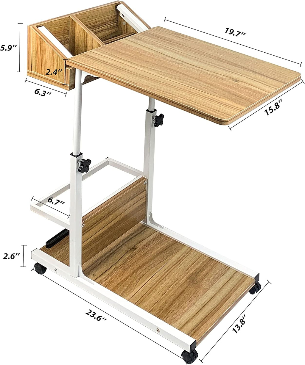 C Shaped End Table with Rolling Wheels, Height Adjustable Side Table with Storage Box T177