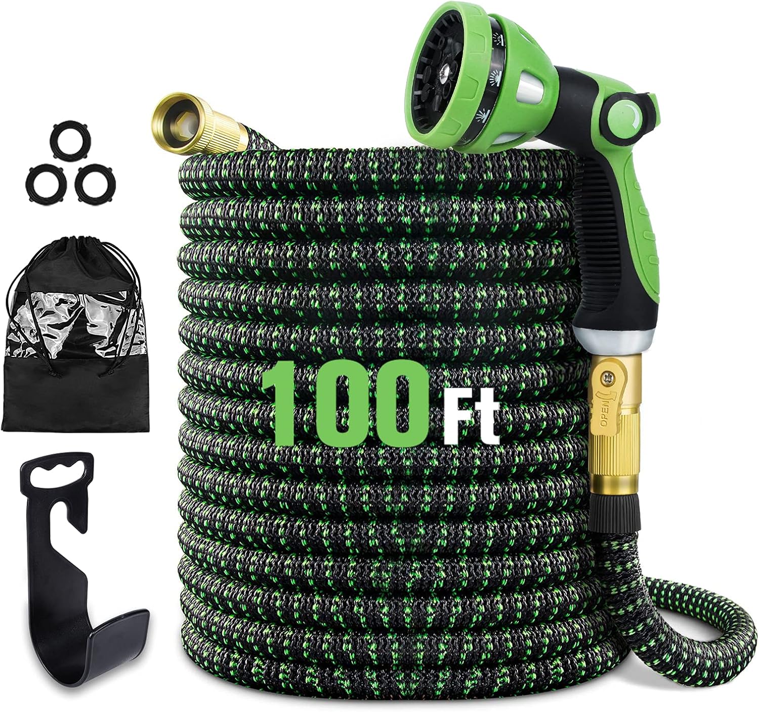 100 ft Expandable Garden Hose with 10 Function Sprayer, Solid Brass Fittings, Triple Latex Core, Pack of 2 M809888