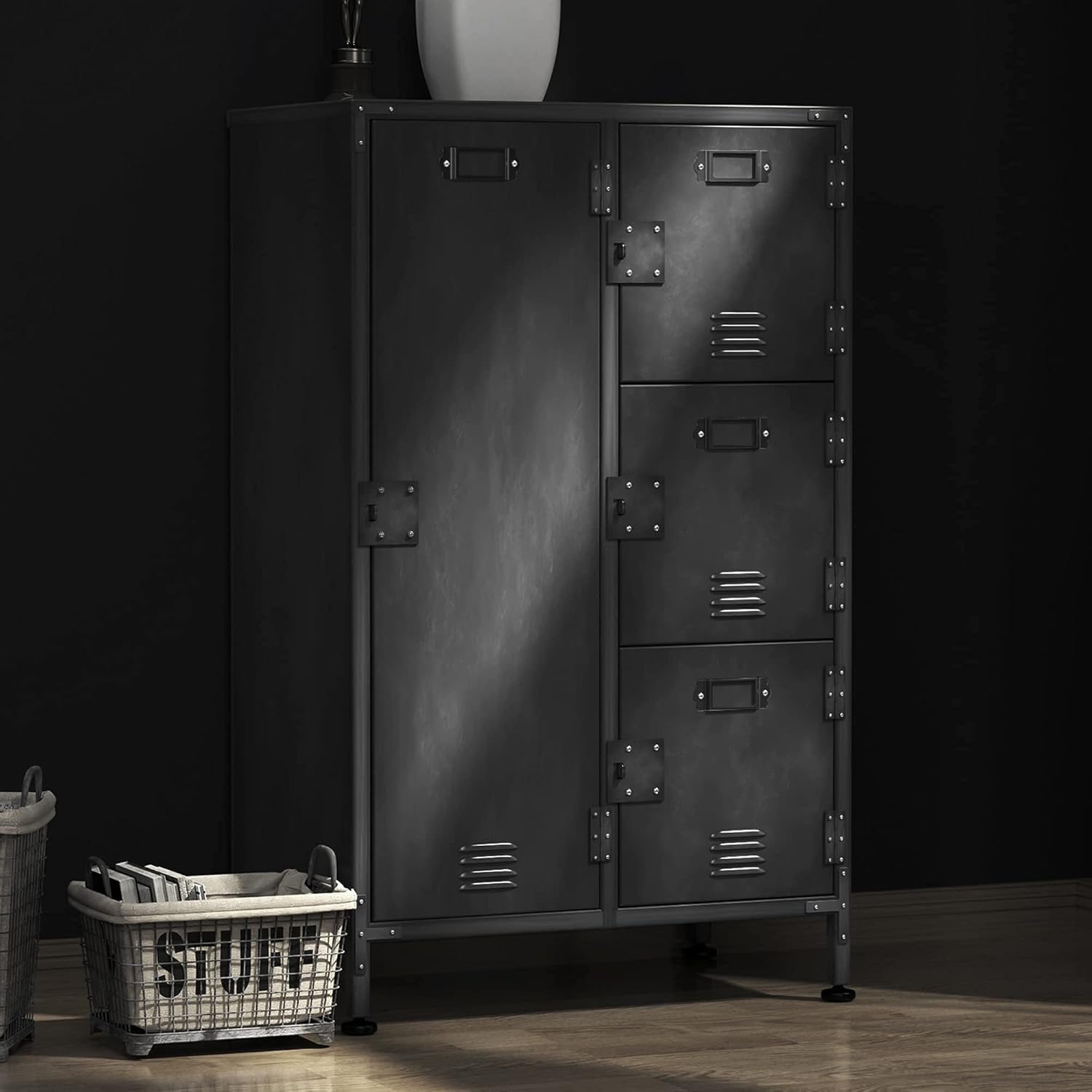4 Door Black Steel Storage Cabinet with Vented Lockable Magnetic Doors J61118