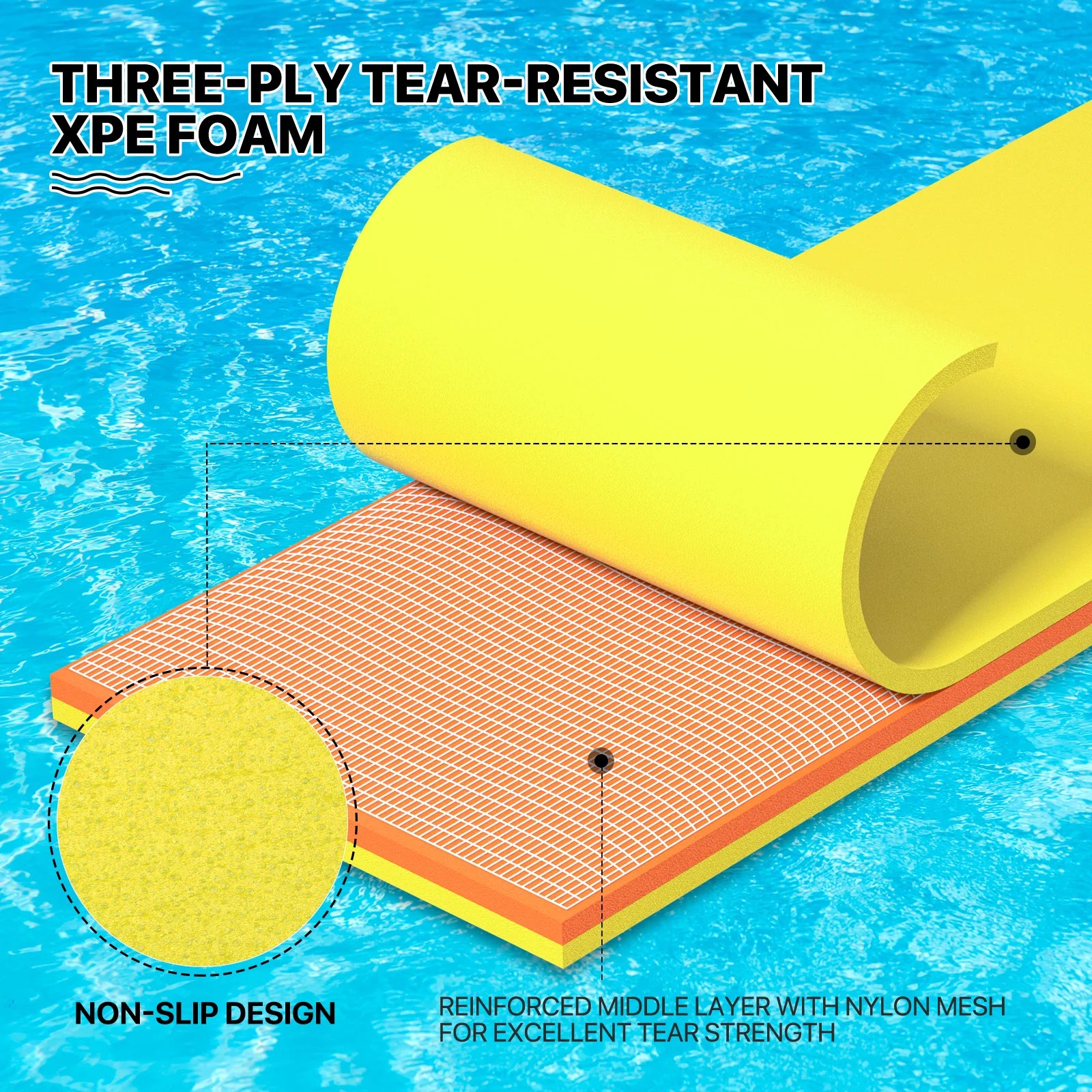 18x6FT 3-Layer Tear-Resistant XPE Foam Water Floating Pad, Yellow M225753